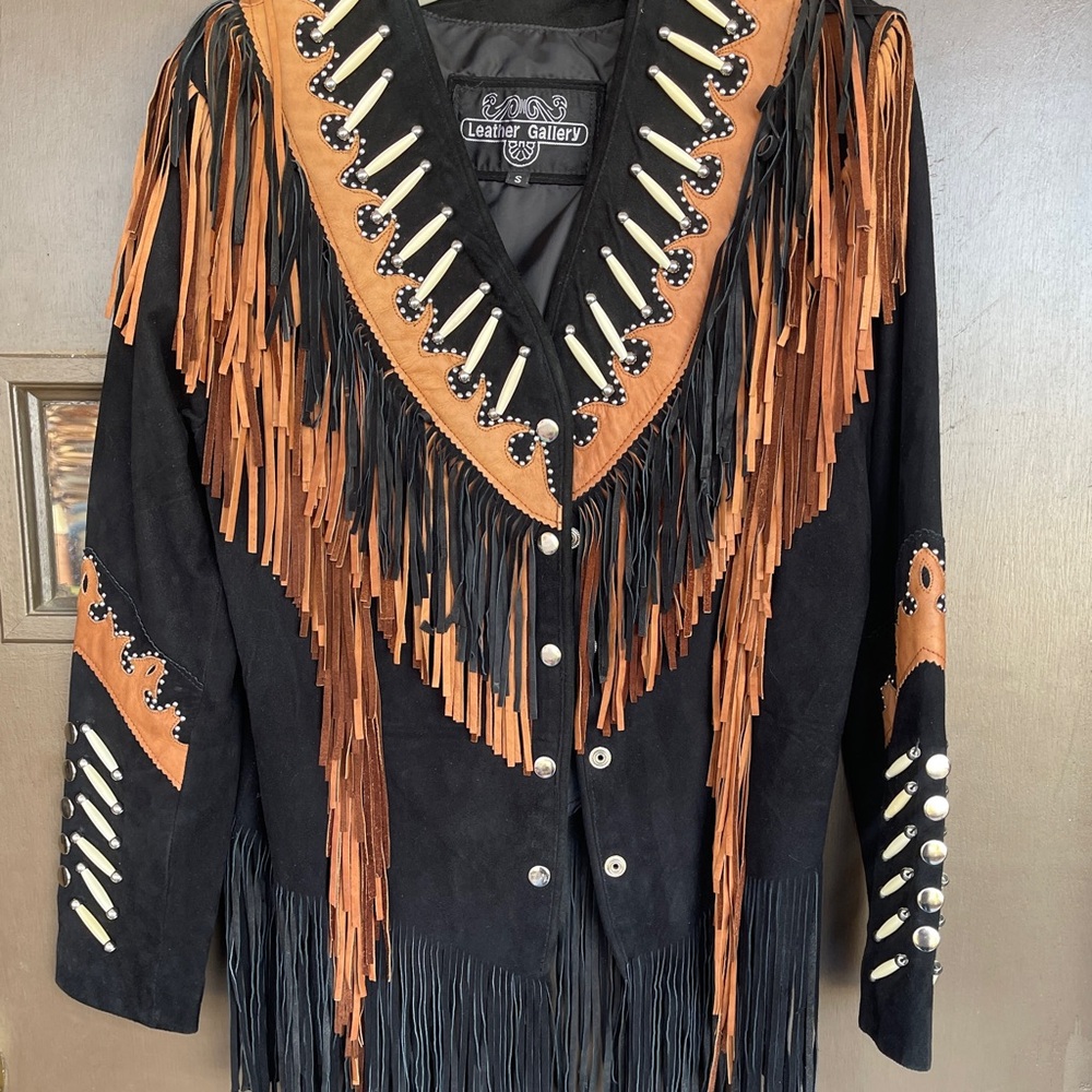 Suede Leather Black and Brown Fringe Jacket